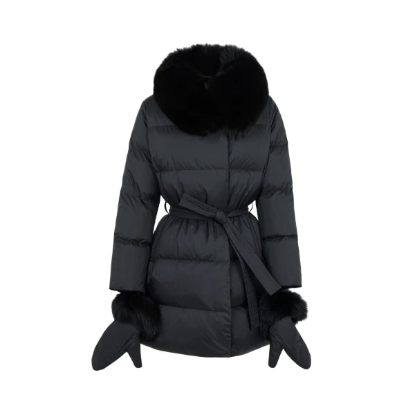 Yves Salomon Long Belted Waterproof Down Jacket with Fox Fur Trim in Black | Coats | Coveti