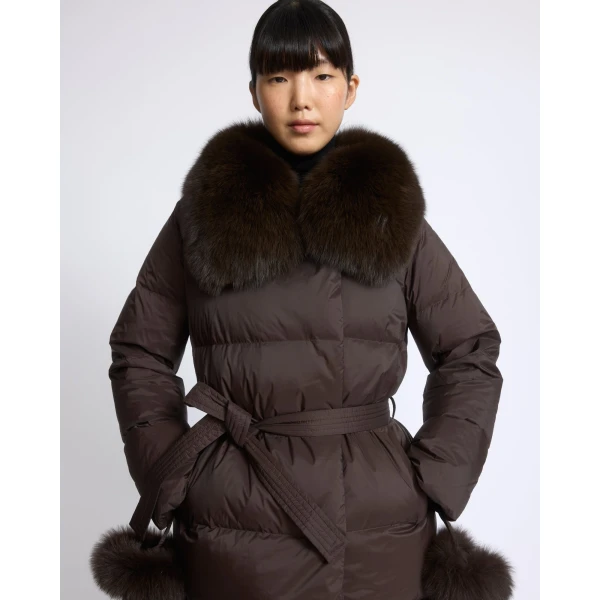 Yves Salomon Long Belted Waterproof Down Jacket with Fox Fur Trim in Brown | Coats | Coveti
