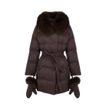 Yves Salomon Long Belted Waterproof Down Jacket with Fox Fur Trim in Brown | Coats | Coveti