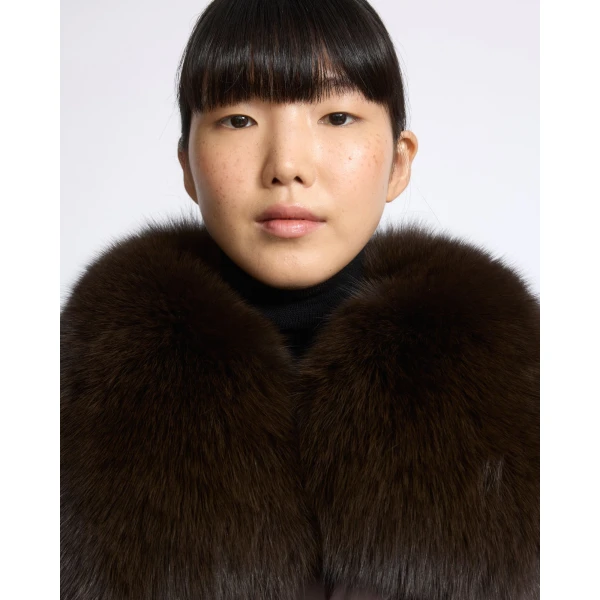 Yves Salomon Long Belted Waterproof Down Jacket with Fox Fur Trim in Brown | Coats | Coveti