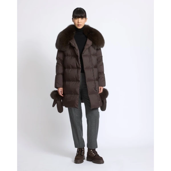 Yves Salomon Long Belted Waterproof Down Jacket with Fox Fur Trim in Brown | Coats | Coveti
