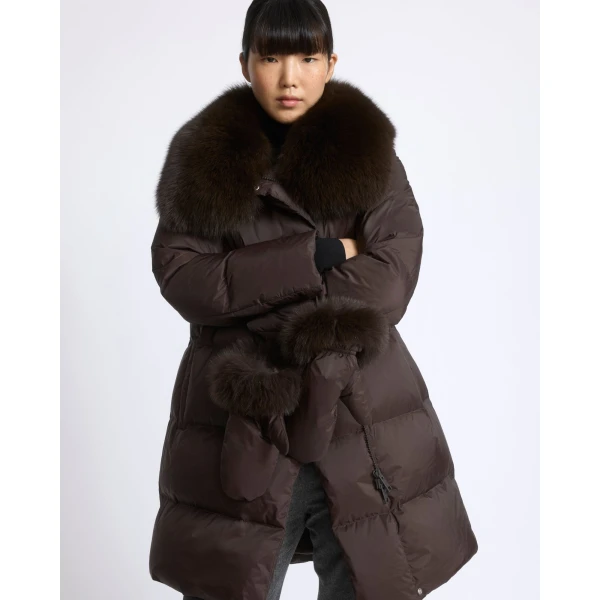 Yves Salomon Long Belted Waterproof Down Jacket with Fox Fur Trim in Brown | Coats | Coveti
