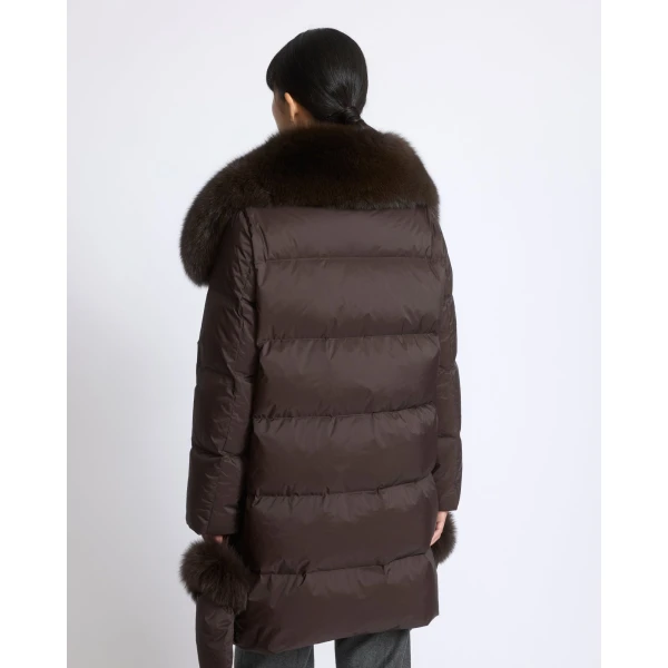 Yves Salomon Long Belted Waterproof Down Jacket with Fox Fur Trim in Brown | Coats | Coveti