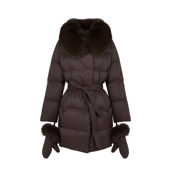 Yves Salomon Long Belted Waterproof Down Jacket with Fox Fur Trim in Brown | Coats | Coveti
