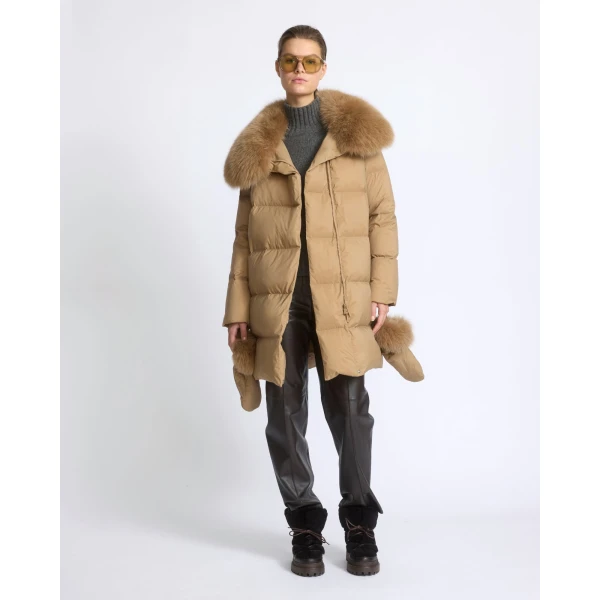 Yves Salomon Long Belted Waterproof Down Jacket with Fox Fur Trim in Camel | Coats | Coveti