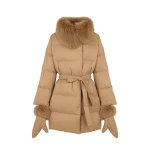 Yves Salomon Long Belted Waterproof Down Jacket with Fox Fur Trim in Camel | Coats | Coveti
