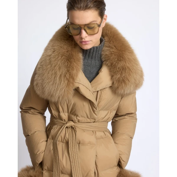 Yves Salomon Long Belted Waterproof Down Jacket with Fox Fur Trim in Camel | Coats | Coveti
