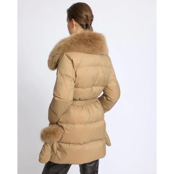 Yves Salomon Long Belted Waterproof Down Jacket with Fox Fur Trim in Camel | Coats | Coveti