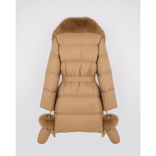 Yves Salomon Long Belted Waterproof Down Jacket with Fox Fur Trim in Camel | Coats | Coveti