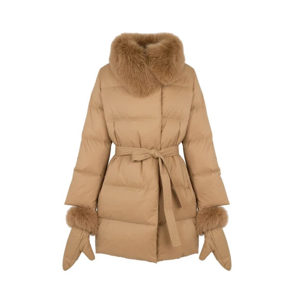 Yves Salomon Long Belted Waterproof Down Jacket with Fox Fur Trim in Camel | Coats | Coveti