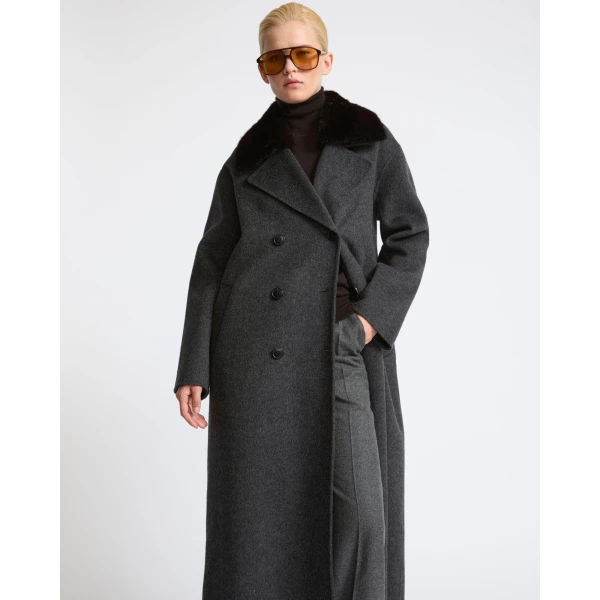 Yves Salomon Long Cashmere Wool Coat with Mink Fur Collar in Grey | Wool Coat | Coveti