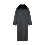 Yves Salomon Long Cashmere Wool Coat with Mink Fur Collar in Grey | Wool Coat | Coveti