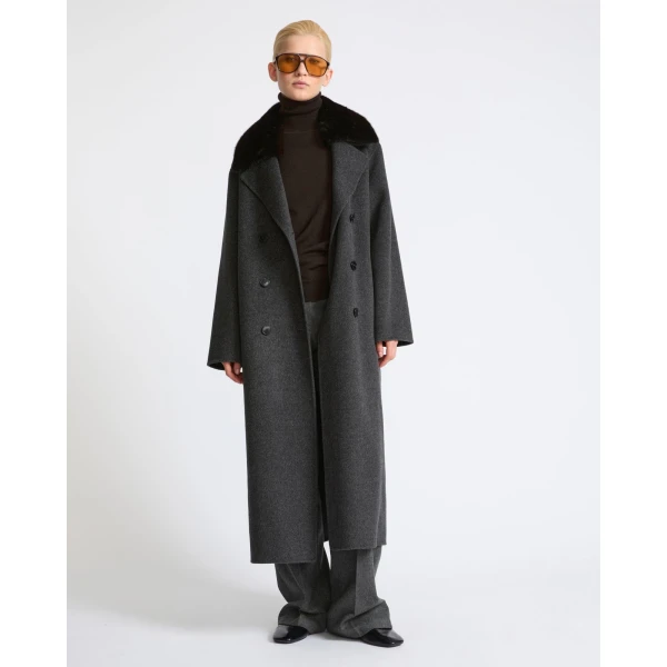 Yves Salomon Long Cashmere Wool Coat with Mink Fur Collar in Grey | Wool Coat | Coveti