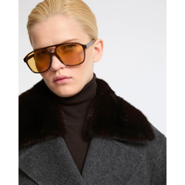 Yves Salomon Long Cashmere Wool Coat with Mink Fur Collar in Grey | Wool Coat | Coveti