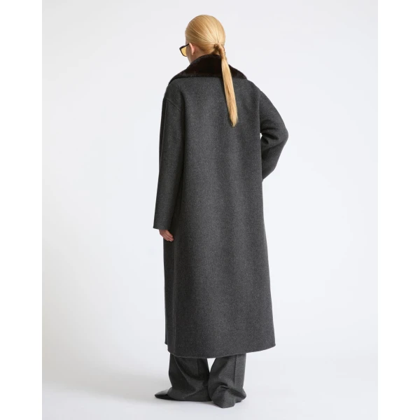 Yves Salomon Long Cashmere Wool Coat with Mink Fur Collar in Grey | Wool Coat | Coveti