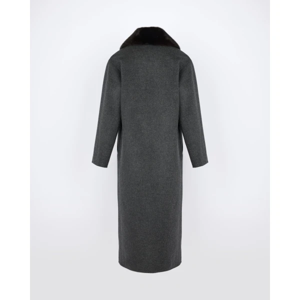 Yves Salomon Long Cashmere Wool Coat with Mink Fur Collar in Grey | Wool Coat | Coveti