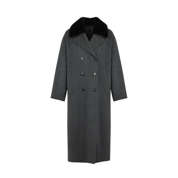 Yves Salomon Long Cashmere Wool Coat with Mink Fur Collar in Grey | Wool Coat | Coveti