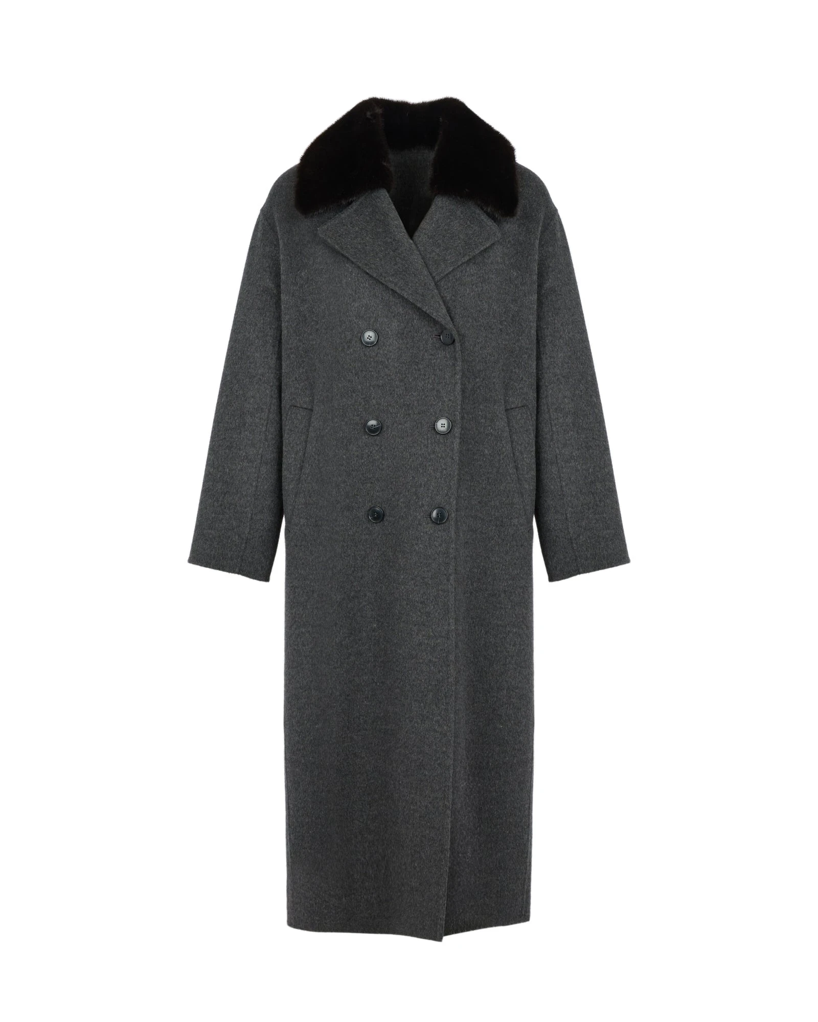 Yves Salomon Long Cashmere Wool Coat with Mink Fur Collar in Grey Yves Salomon Long Cashmere Wool Coat with Mink Fur Collar in Grey | Wool Coat | Coveti