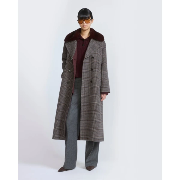 Yves Salomon Long Cashmere Wool Coat with Mink Fur Collar in Hazel Check | Wool Coat | Coveti