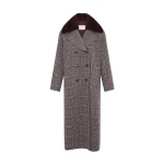 Yves Salomon Long Cashmere Wool Coat with Mink Fur Collar in Hazel Check | Wool Coat | Coveti
