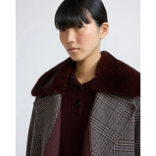 Yves Salomon Long Cashmere Wool Coat with Mink Fur Collar in Hazel Check | Wool Coat | Coveti