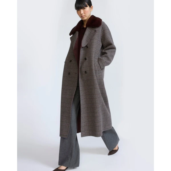 Yves Salomon Long Cashmere Wool Coat with Mink Fur Collar in Hazel Check | Wool Coat | Coveti