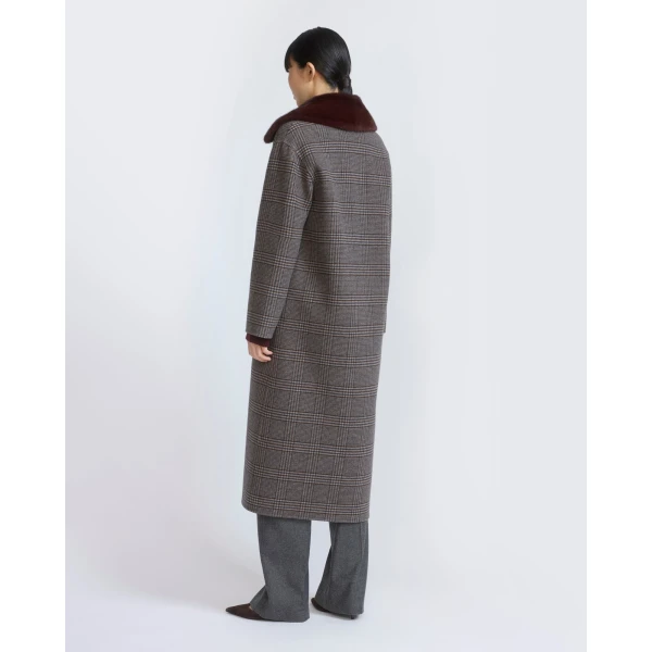 Yves Salomon Long Cashmere Wool Coat with Mink Fur Collar in Hazel Check | Wool Coat | Coveti