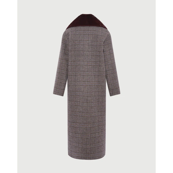 Yves Salomon Long Cashmere Wool Coat with Mink Fur Collar in Hazel Check | Wool Coat | Coveti