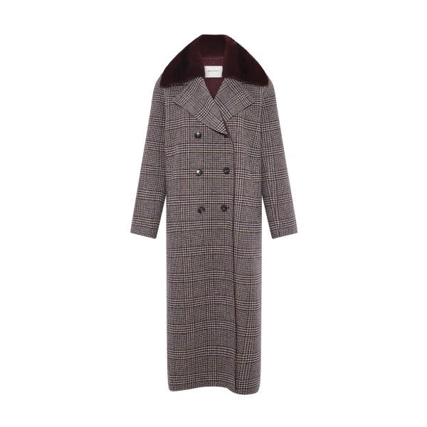 Long Cashmere Wool Coat with Mink Fur Collar in Hazel Check