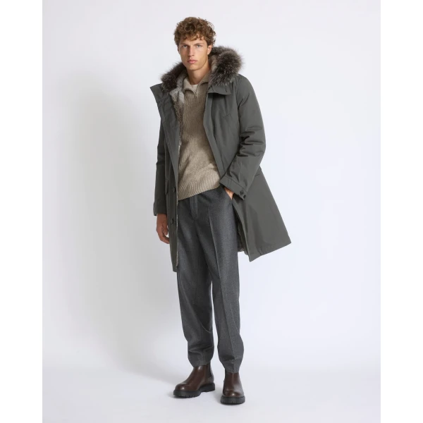 Yves Salomon Long Cotton-Blend Parka with Fox and Rabbit Fur Lining in Grey Green | Men's Coats | Coveti