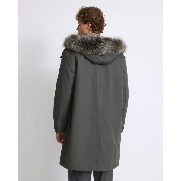 Yves Salomon Long Cotton-Blend Parka with Fox and Rabbit Fur Lining in Grey Green | Men's Coats | Coveti