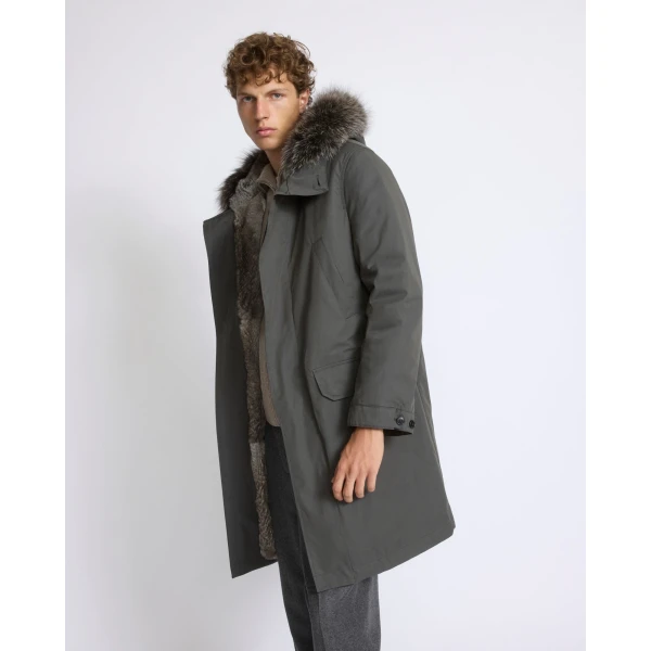 Yves Salomon Long Cotton-Blend Parka with Fox and Rabbit Fur Lining in Grey Green | Men's Coats | Coveti