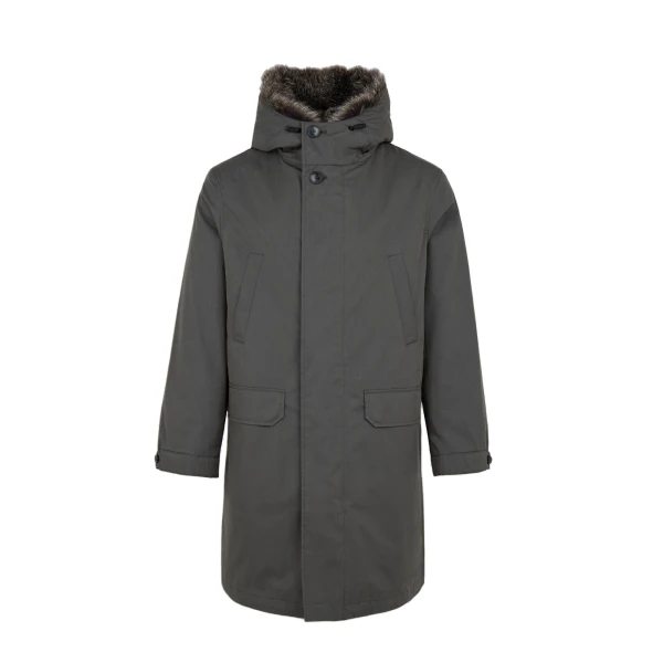 Long Cotton-Blend Parka with Fox and Rabbit Fur Lining in Grey Green