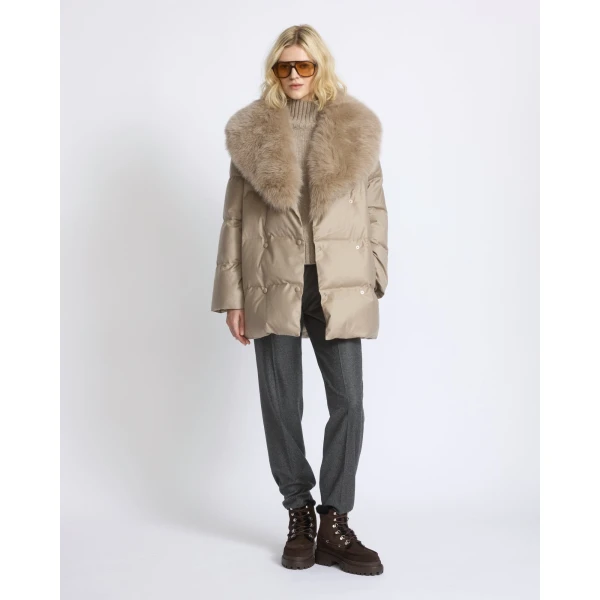Yves Salomon Long Double-Breasted Flannel Down Jacket with Fox Fur Collar in Beige | Coats | Coveti