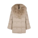 Yves Salomon Long Double-Breasted Flannel Down Jacket with Fox Fur Collar in Beige | Coats | Coveti
