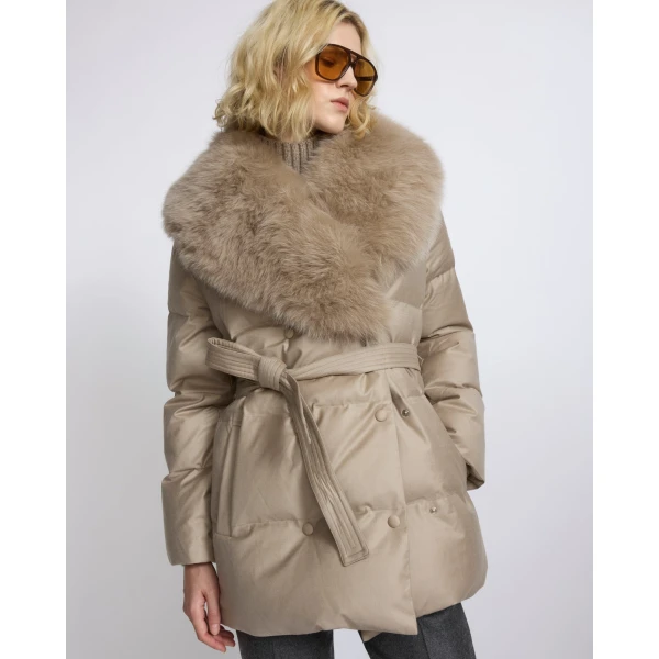 Yves Salomon Long Double-Breasted Flannel Down Jacket with Fox Fur Collar in Beige | Coats | Coveti