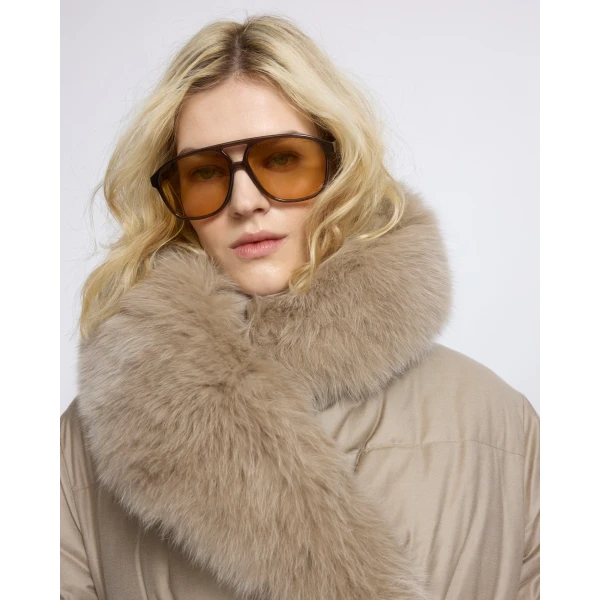 Yves Salomon Long Double-Breasted Flannel Down Jacket with Fox Fur Collar in Beige | Coats | Coveti