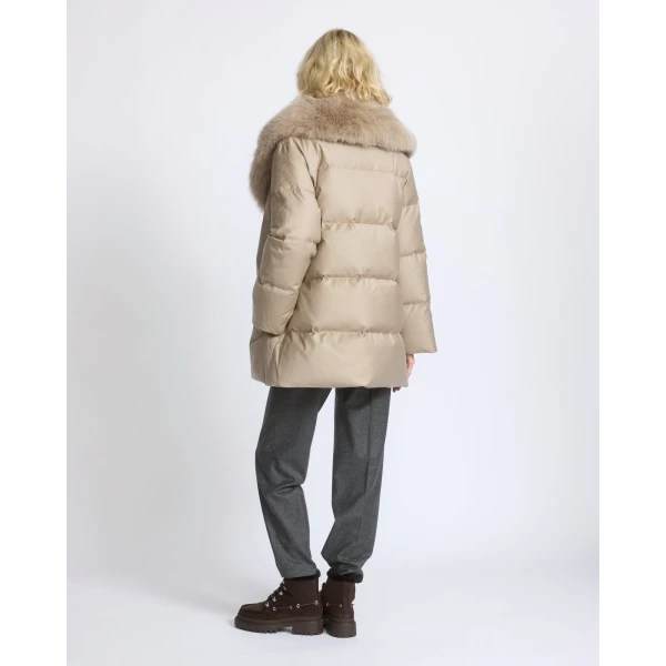 Yves Salomon Long Double-Breasted Flannel Down Jacket with Fox Fur Collar in Beige | Coats | Coveti