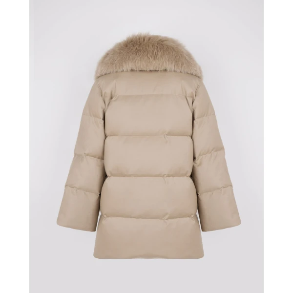 Yves Salomon Long Double-Breasted Flannel Down Jacket with Fox Fur Collar in Beige | Coats | Coveti