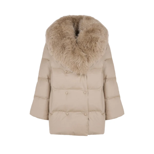 Yves Salomon Long Double-Breasted Flannel Down Jacket with Fox Fur Collar in Beige | Coats | Coveti
