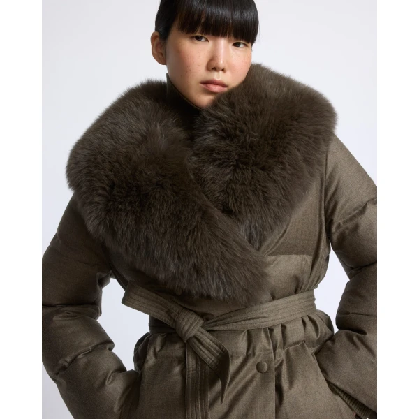 Yves Salomon Long Double-Breasted Technical Flannel Down Jacket with Fox Fur Collar in Brown | Coats | Coveti