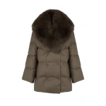 Yves Salomon Long Double-Breasted Technical Flannel Down Jacket with Fox Fur Collar in Brown | Coats | Coveti