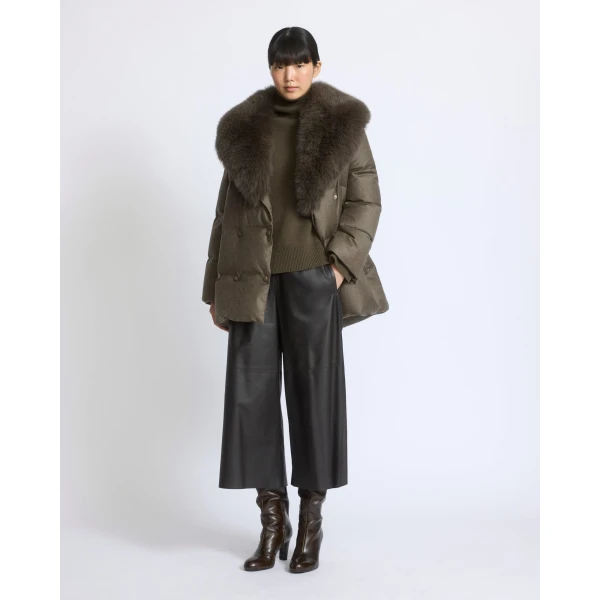 Yves Salomon Long Double-Breasted Technical Flannel Down Jacket with Fox Fur Collar in Brown | Coats | Coveti