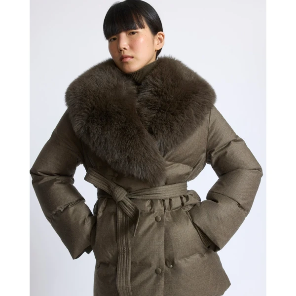 Yves Salomon Long Double-Breasted Technical Flannel Down Jacket with Fox Fur Collar in Brown | Coats | Coveti
