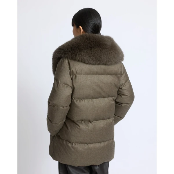 Yves Salomon Long Double-Breasted Technical Flannel Down Jacket with Fox Fur Collar in Brown | Coats | Coveti