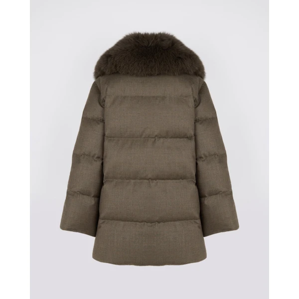 Yves Salomon Long Double-Breasted Technical Flannel Down Jacket with Fox Fur Collar in Brown | Coats | Coveti
