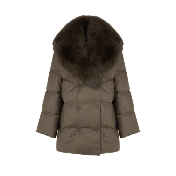 Yves Salomon Long Double-Breasted Technical Flannel Down Jacket with Fox Fur Collar in Brown | Coats | Coveti