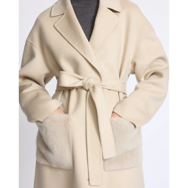Yves Salomon Long Double-Faced Wool and Cashmere Coat with Mink Pockets in Beige | Wool Coat | Coveti