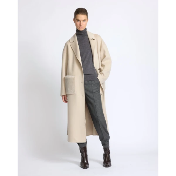 Yves Salomon Long Double-Faced Wool and Cashmere Coat with Mink Pockets in Beige | Wool Coat | Coveti