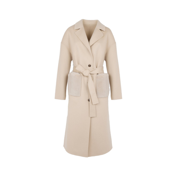 Yves Salomon Long Double-Faced Wool and Cashmere Coat with Mink Pockets in Beige | Wool Coat | Coveti